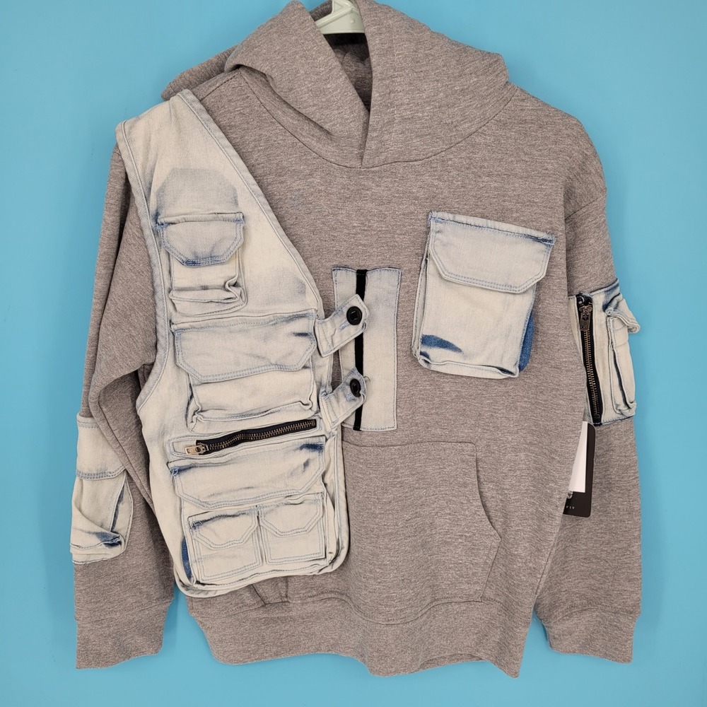 Copper Rivet Reconstructed Hoodie Grey Asymmetric Denim Tactical Vest youth 10
